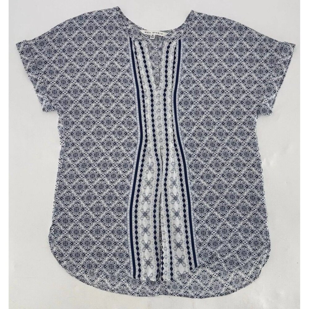 Max Studio Blue & White‎ Chiffon Split V-Neck Blouse Sz M Boho, Preppy, Workwear